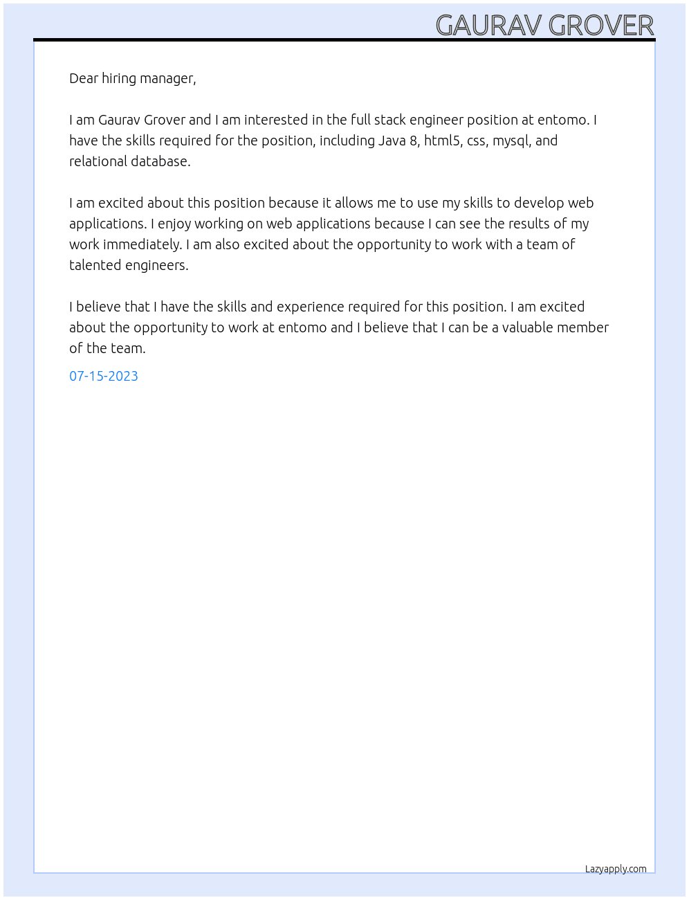 full stack engineer At entomo Cover Letter