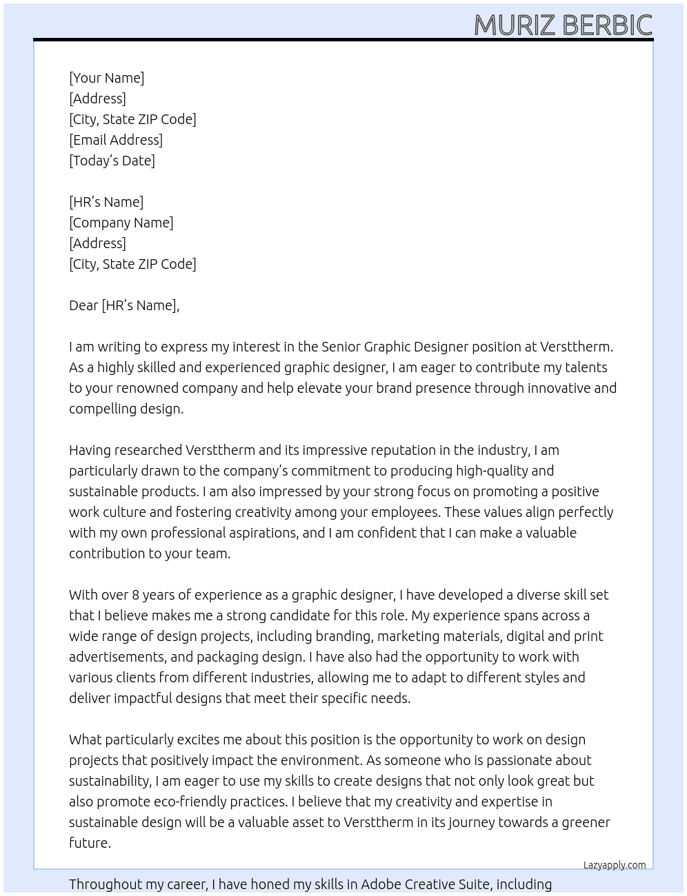 Senior Graphic Designer At Versttherm Cover Letter