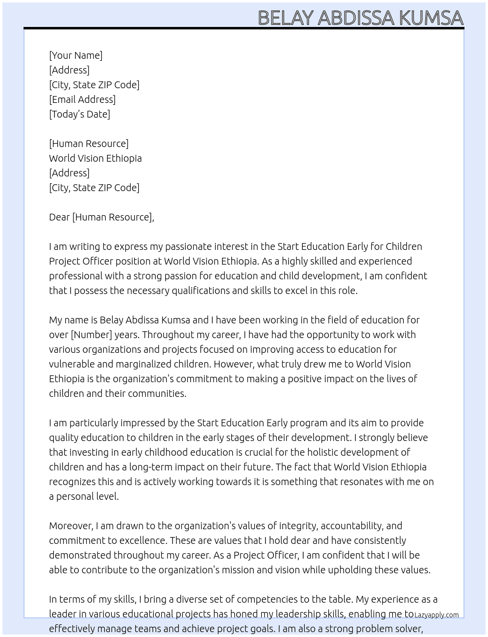 Start Education Early for Children Project Officer At World Vision Ethiopia Cover Letter