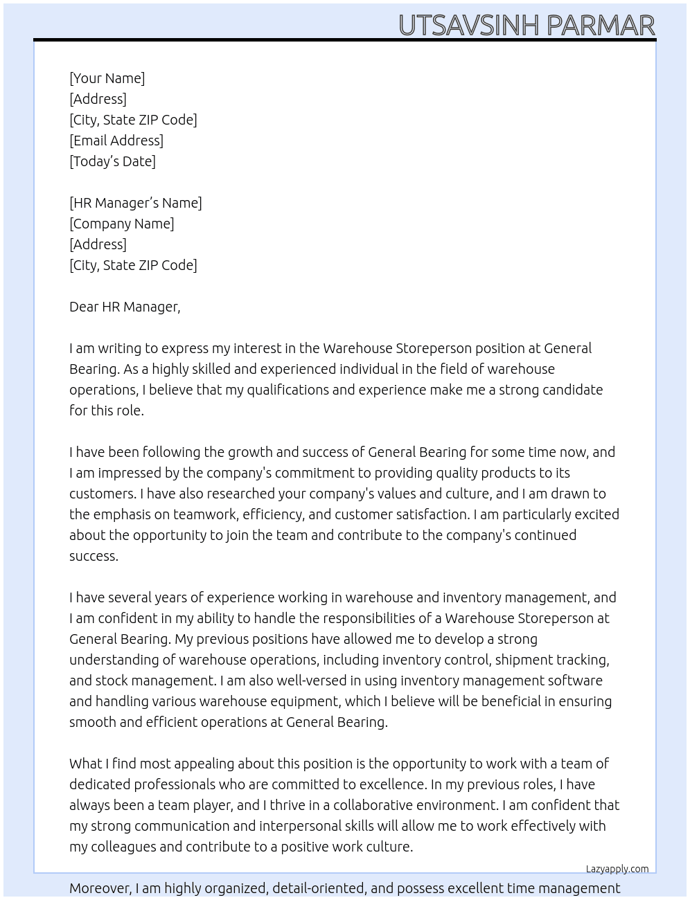 Warehouse Storeperson  At General Bearing  Cover Letter