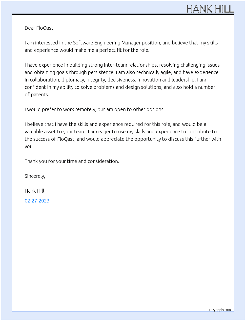 Software Engineering Manager  At FloQast Cover Letter