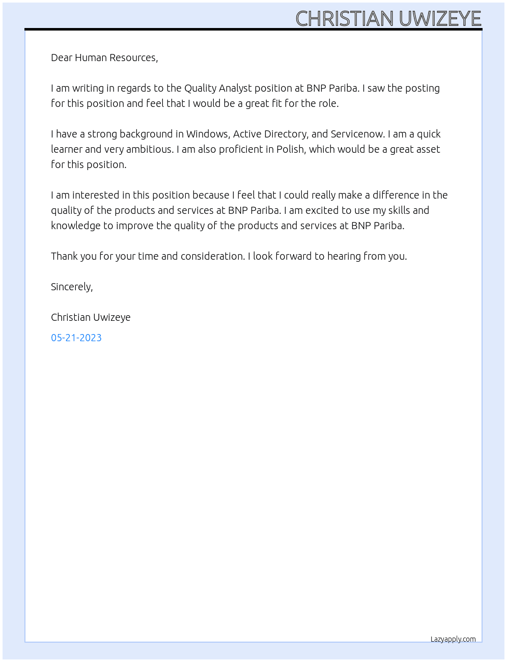 Quality Analyst At BNP Pariba Cover Letter