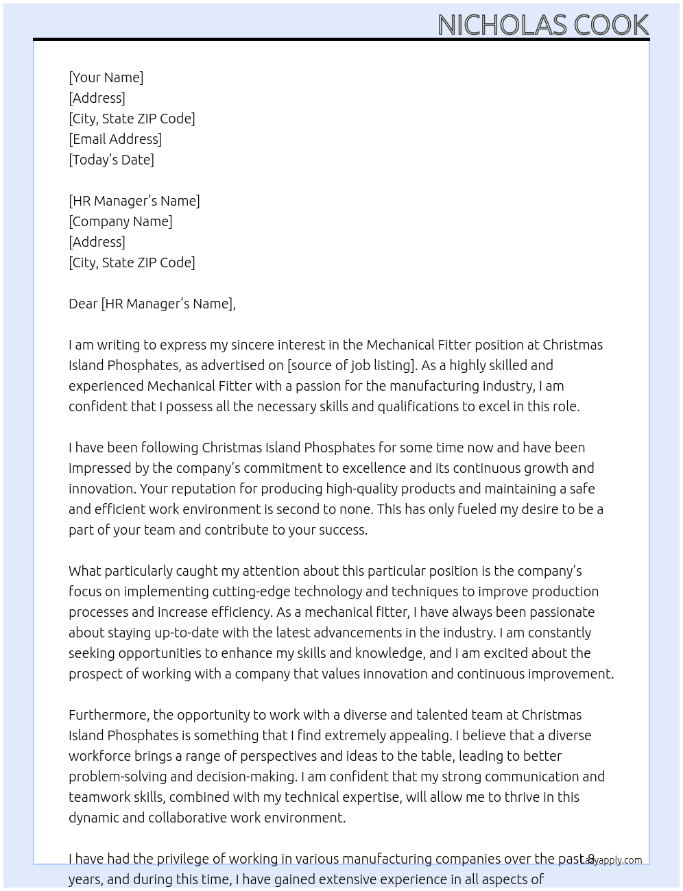Mechanical Fitter At Christmas Island Phosphates Cover Letter