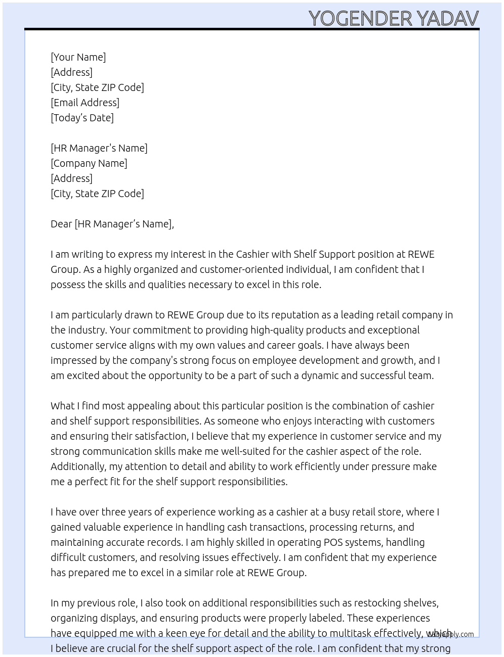 Cashier with shelf support At REWE Group Cover Letter