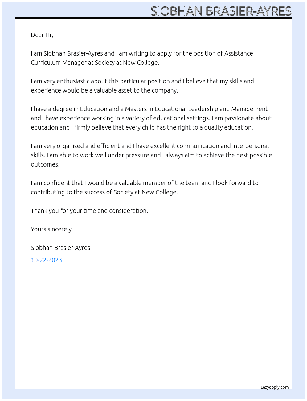 Assistance Curriculum Manager  At Society at New College  Cover Letter