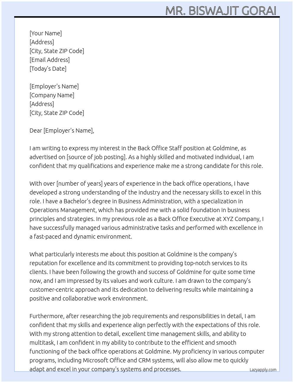 Back office staff  At Goldmine Cover Letter