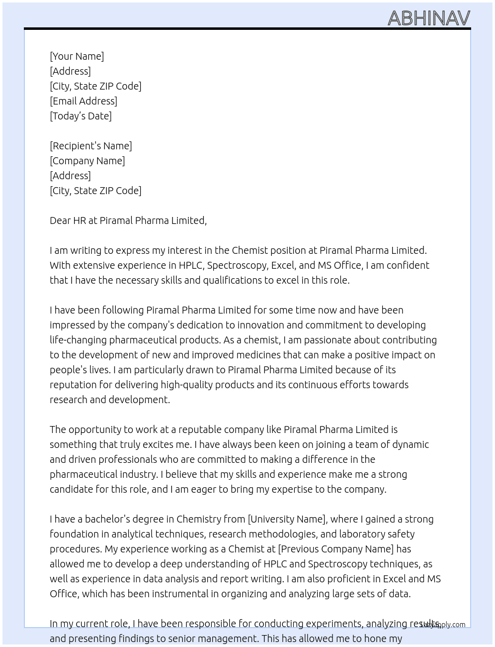 CHEMIST At PIRAMAL PHARMA LIMITED Cover Letter