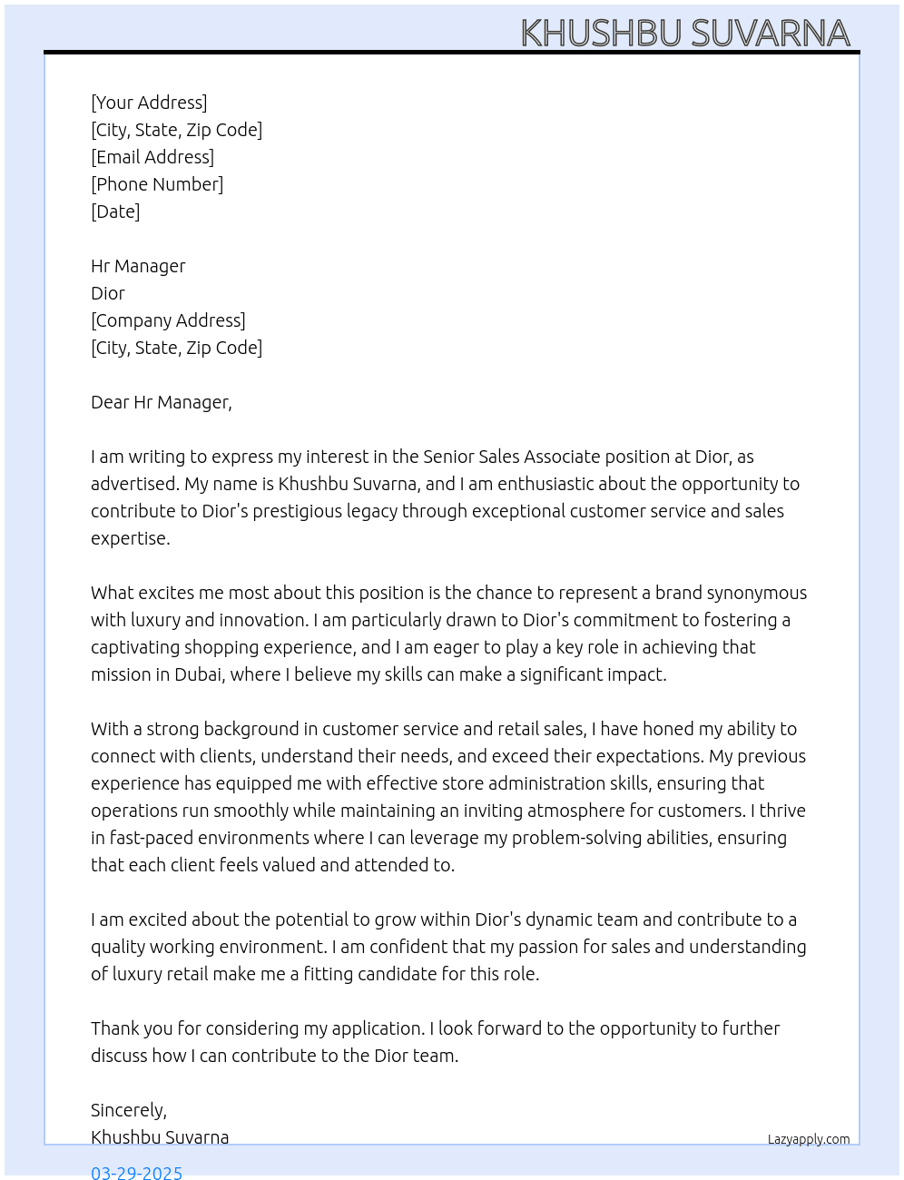 Cover letter for senior  sales associate - LazyApply