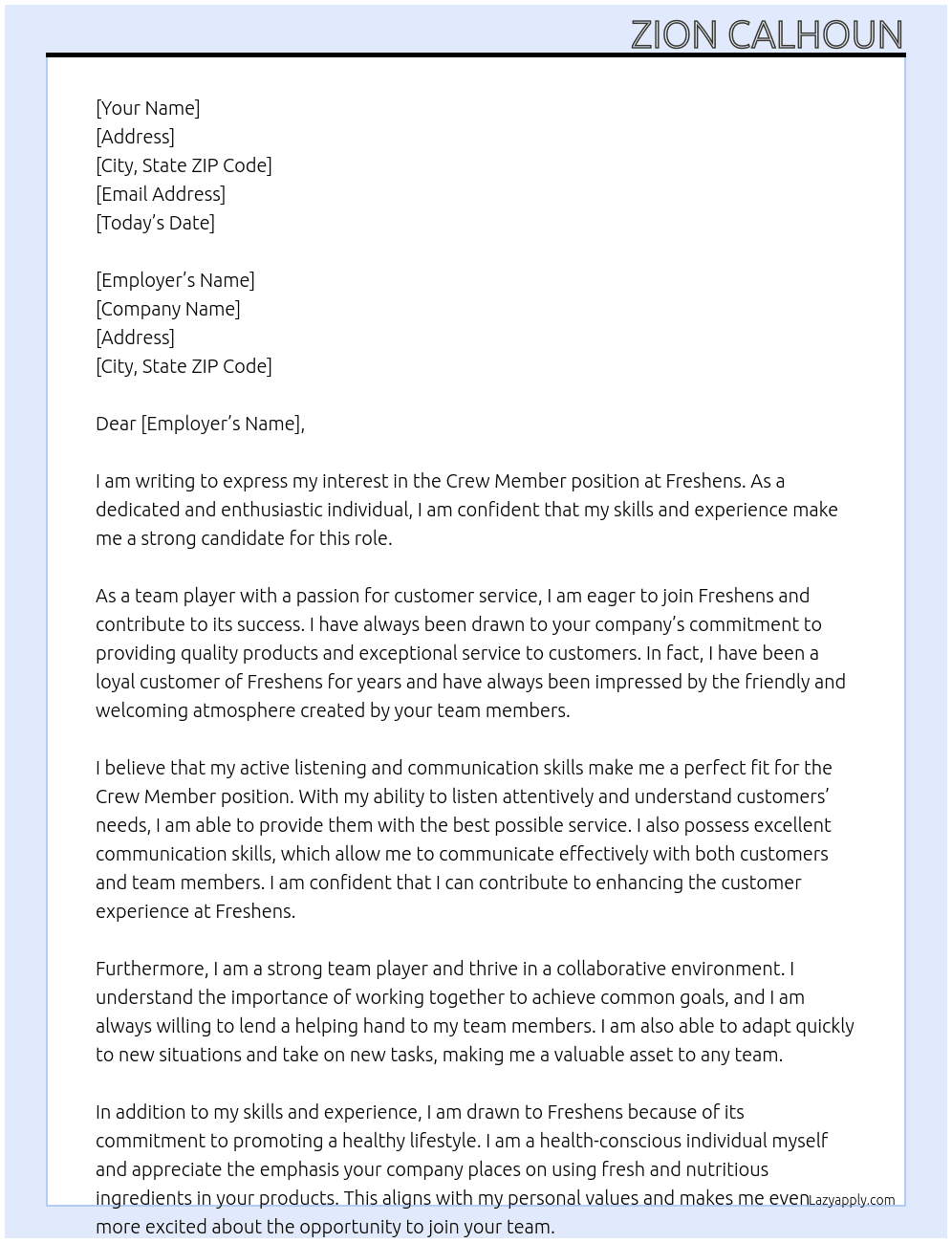 Crew member At Freshens Cover Letter