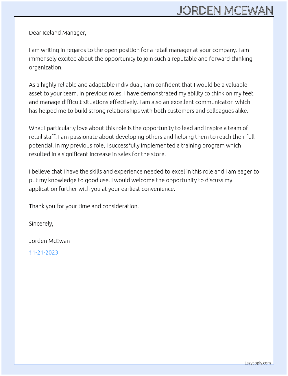 Retail At Iceland Cover Letter