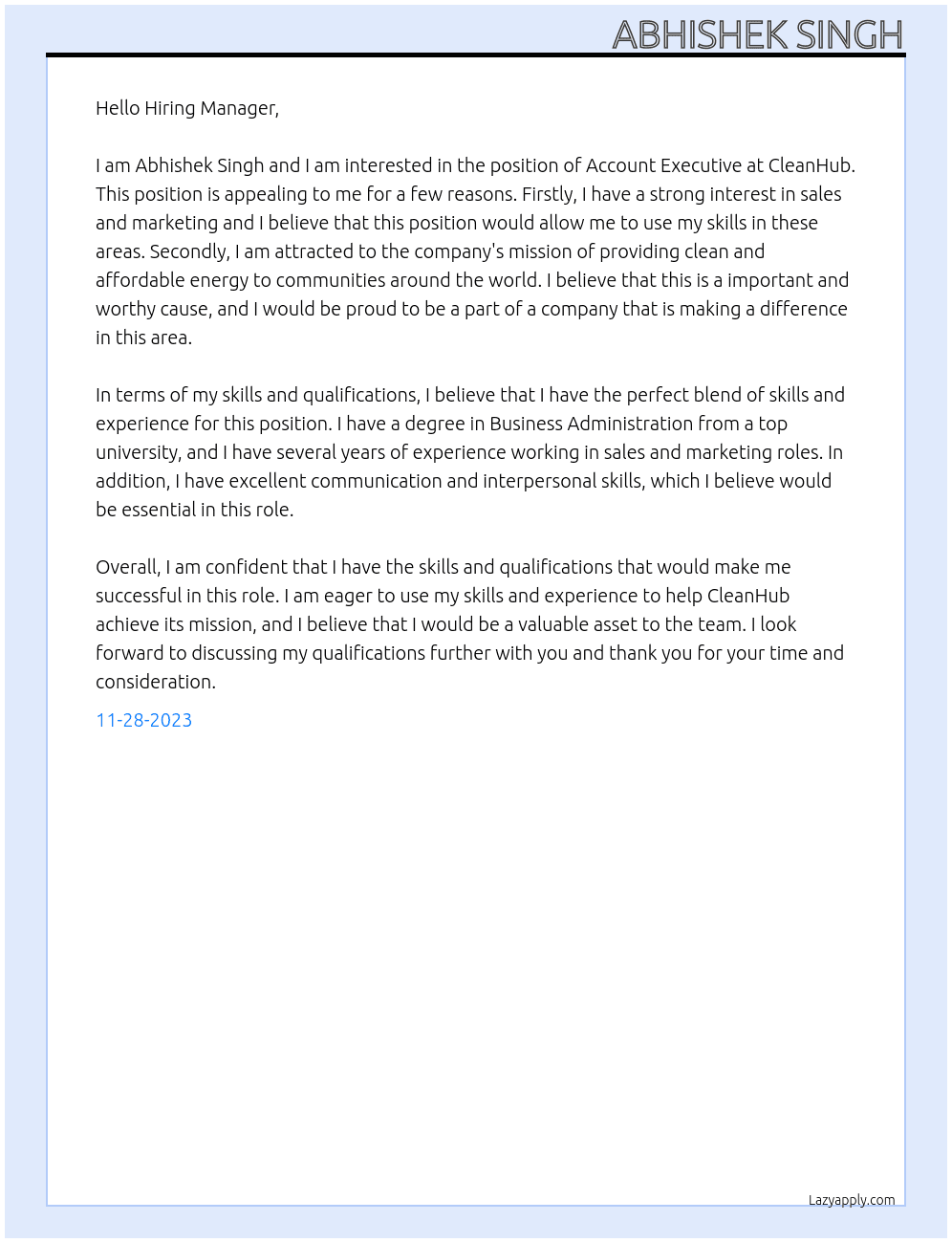 Account Executive At CleanHub Cover Letter