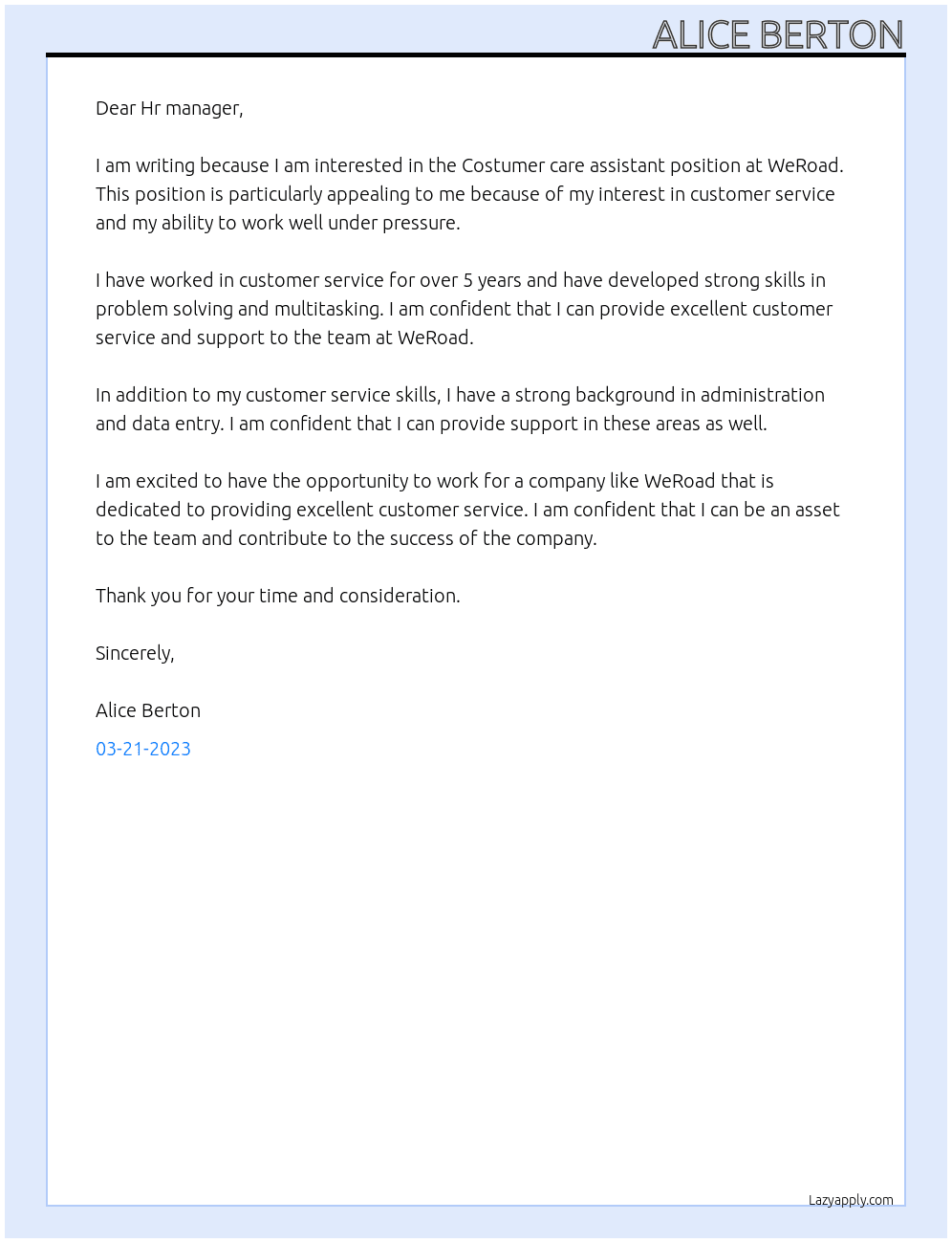 Costumer care assistant At WeRoad Cover Letter