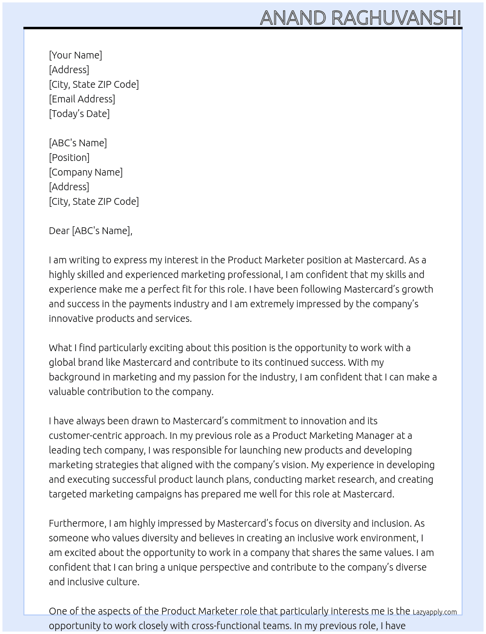Product Marketer At Mastercard Cover Letter