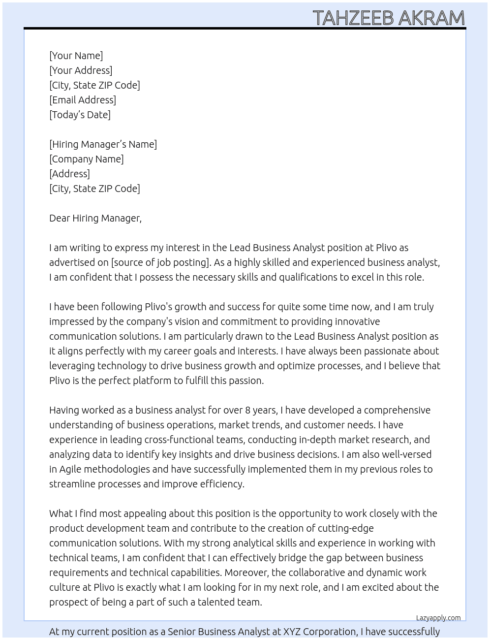 Lead Business Analyst At Plivo Cover Letter