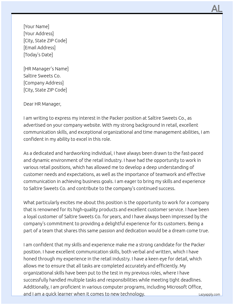 Packer At Saltire Sweets Co Cover Letter