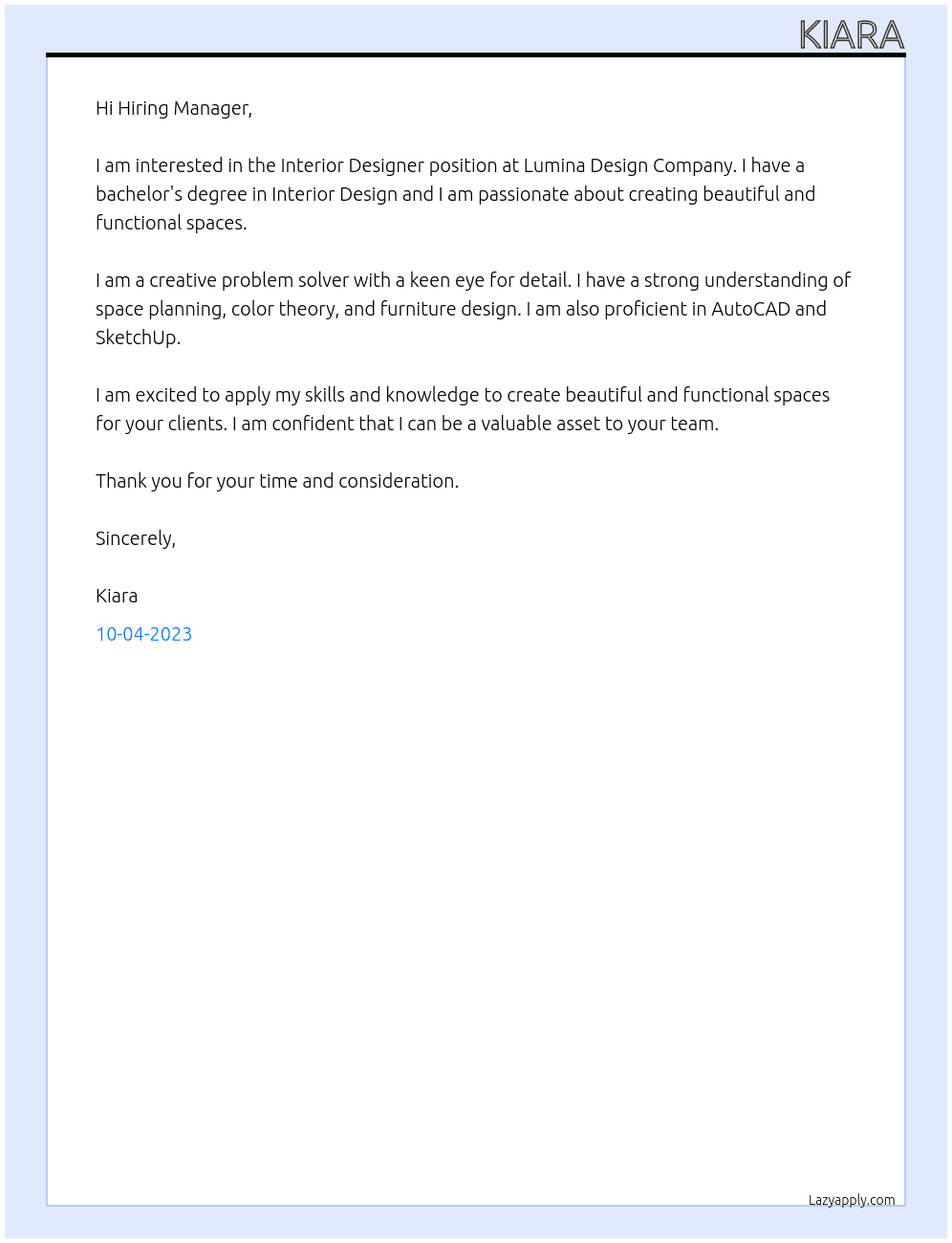 Interior Desgin At Lumina Design Company  Cover Letter