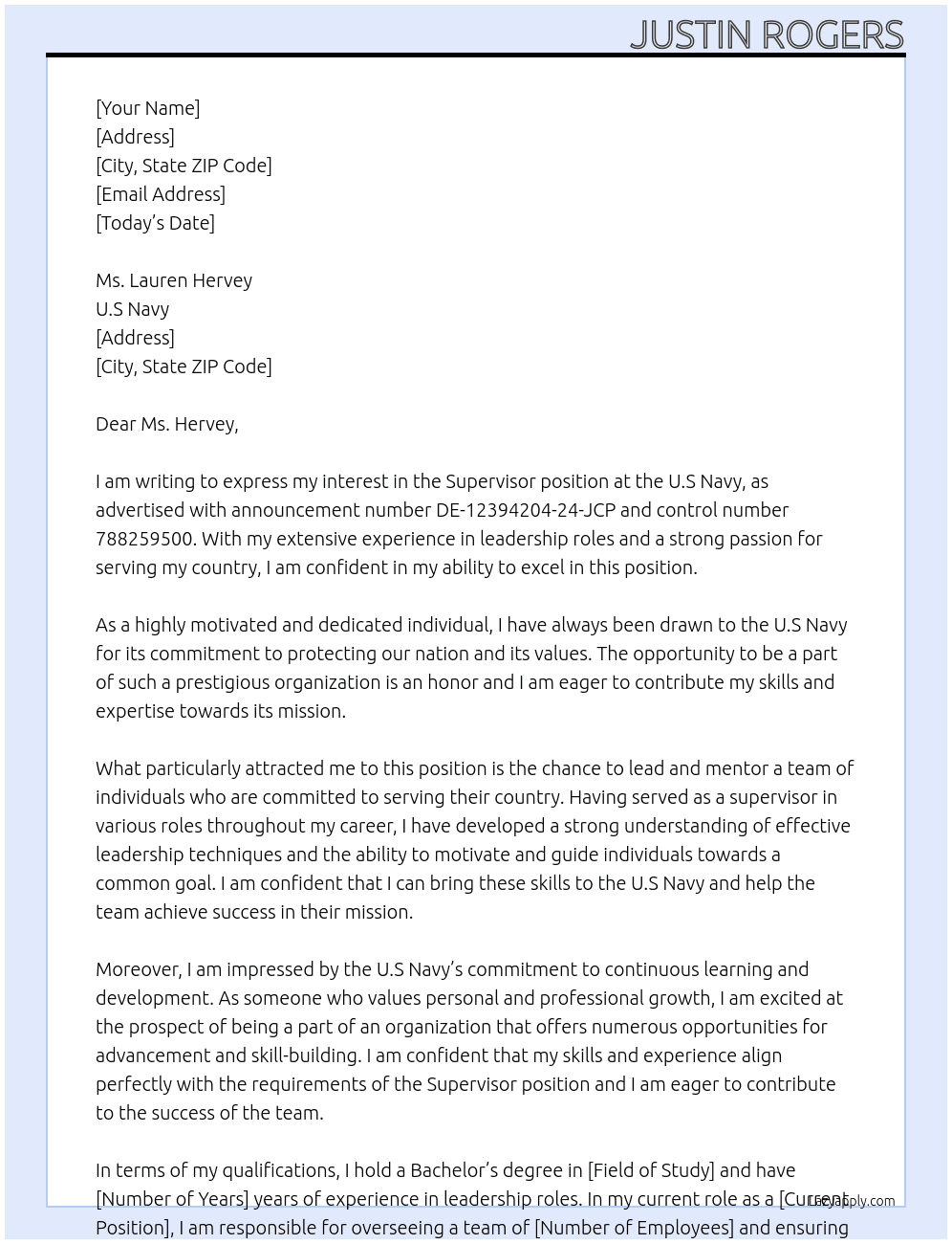 Supervisor/ Announcement number DE-12394204-24-JCP Control number 788259500 At U.S Navy Cover Letter
