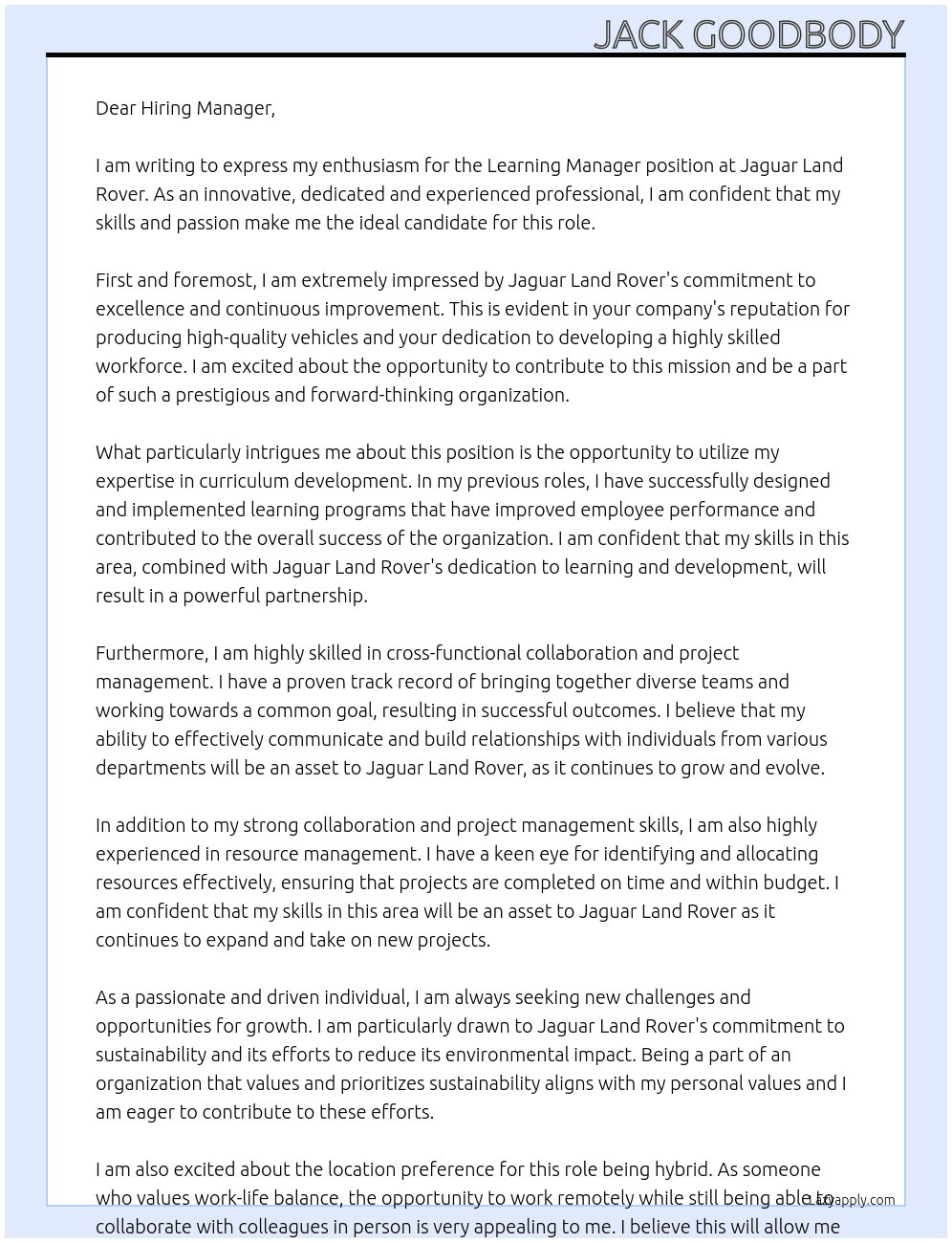 Learning Manager At Jaguar Land Rover Cover Letter