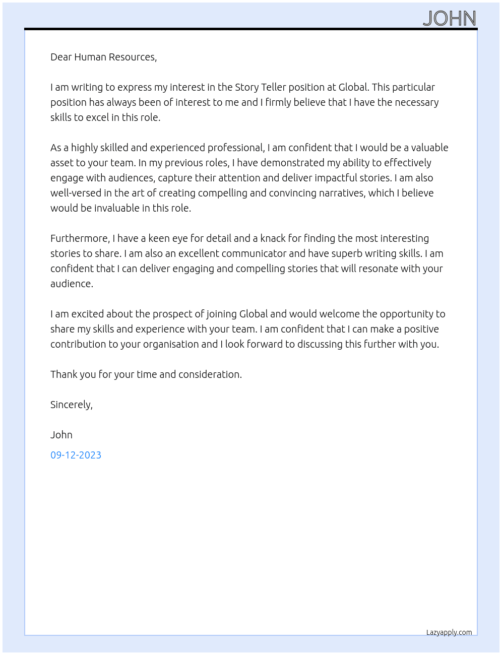 Story teller At Global Cover Letter