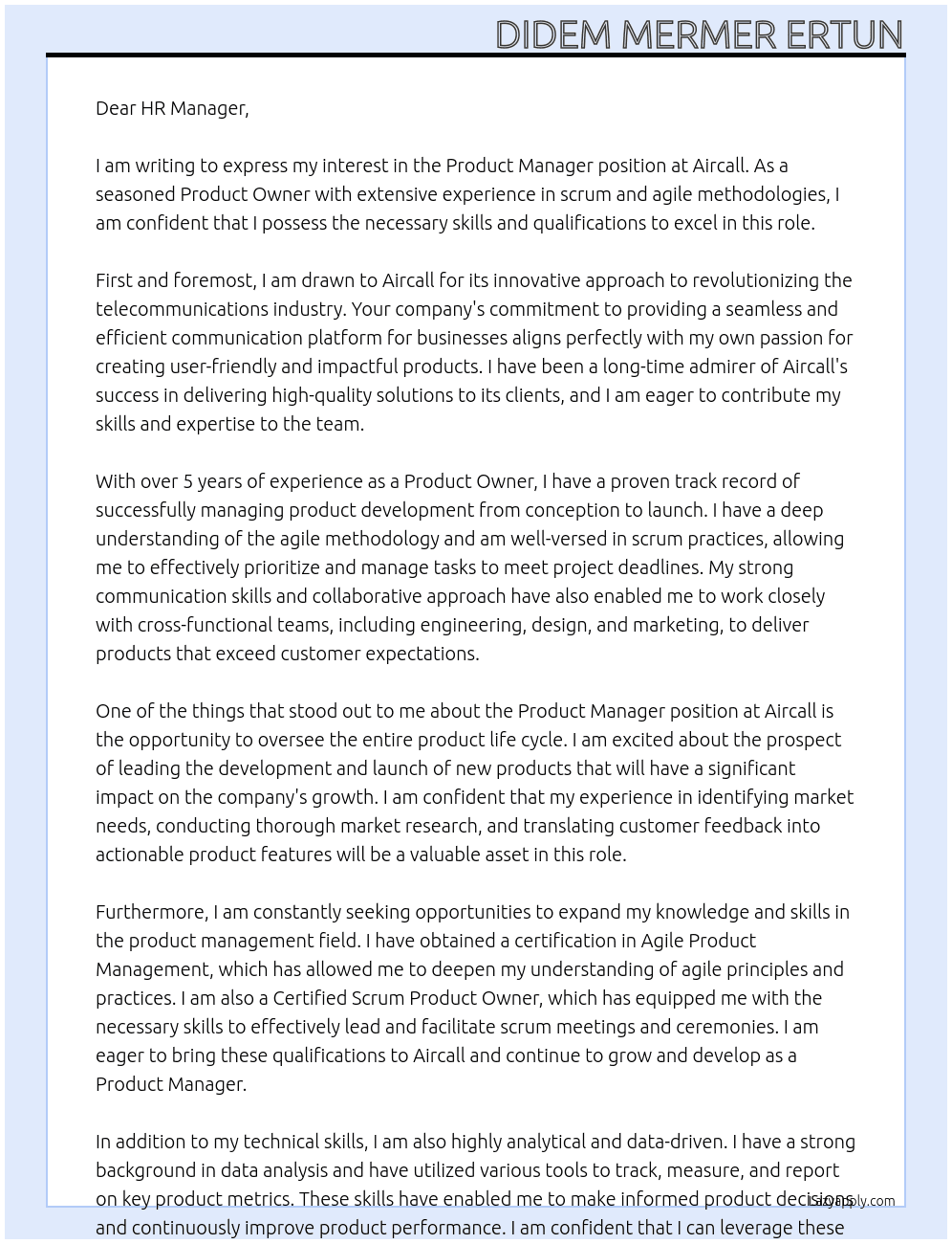 Product Manager At Aircall Cover Letter