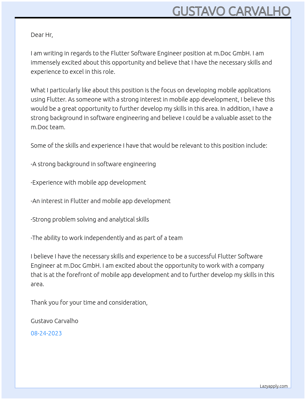Flutter Software Engineer At m.Doc GmbH Cover Letter