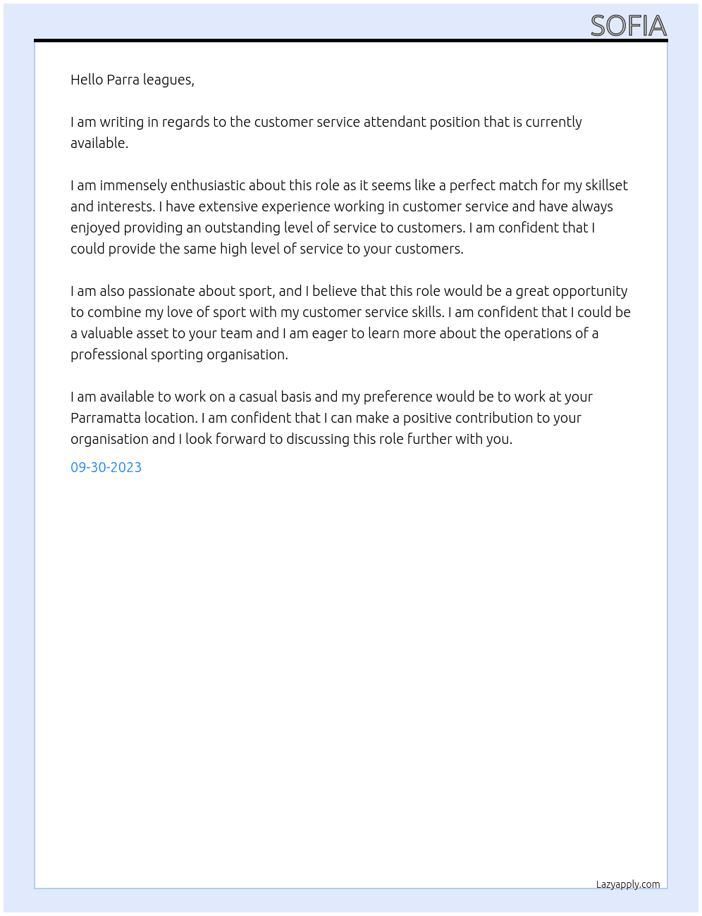 Customer Service Attendant At Parra leagues Cover Letter