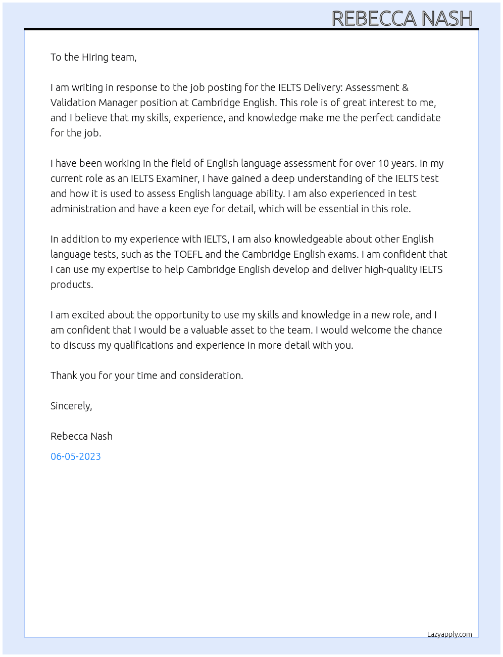 IELTS Delivery: Assessment & Validation Manager At Cambridge English  Cover Letter