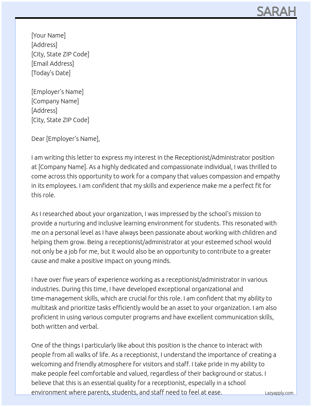 Cover letter for receptionist / administrator - LazyApply