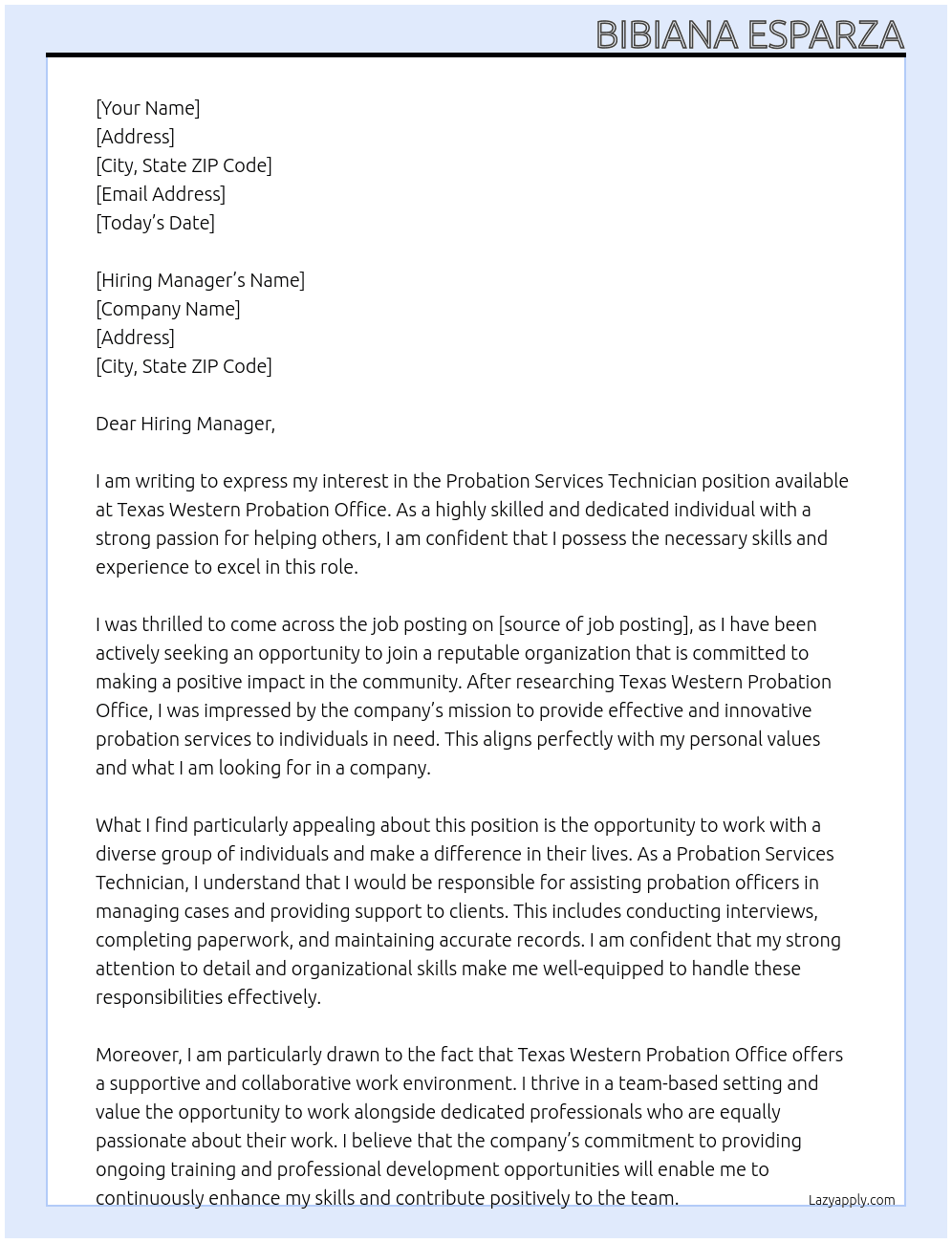 Probation Services Technician At Texas Western Probation Office Cover Letter