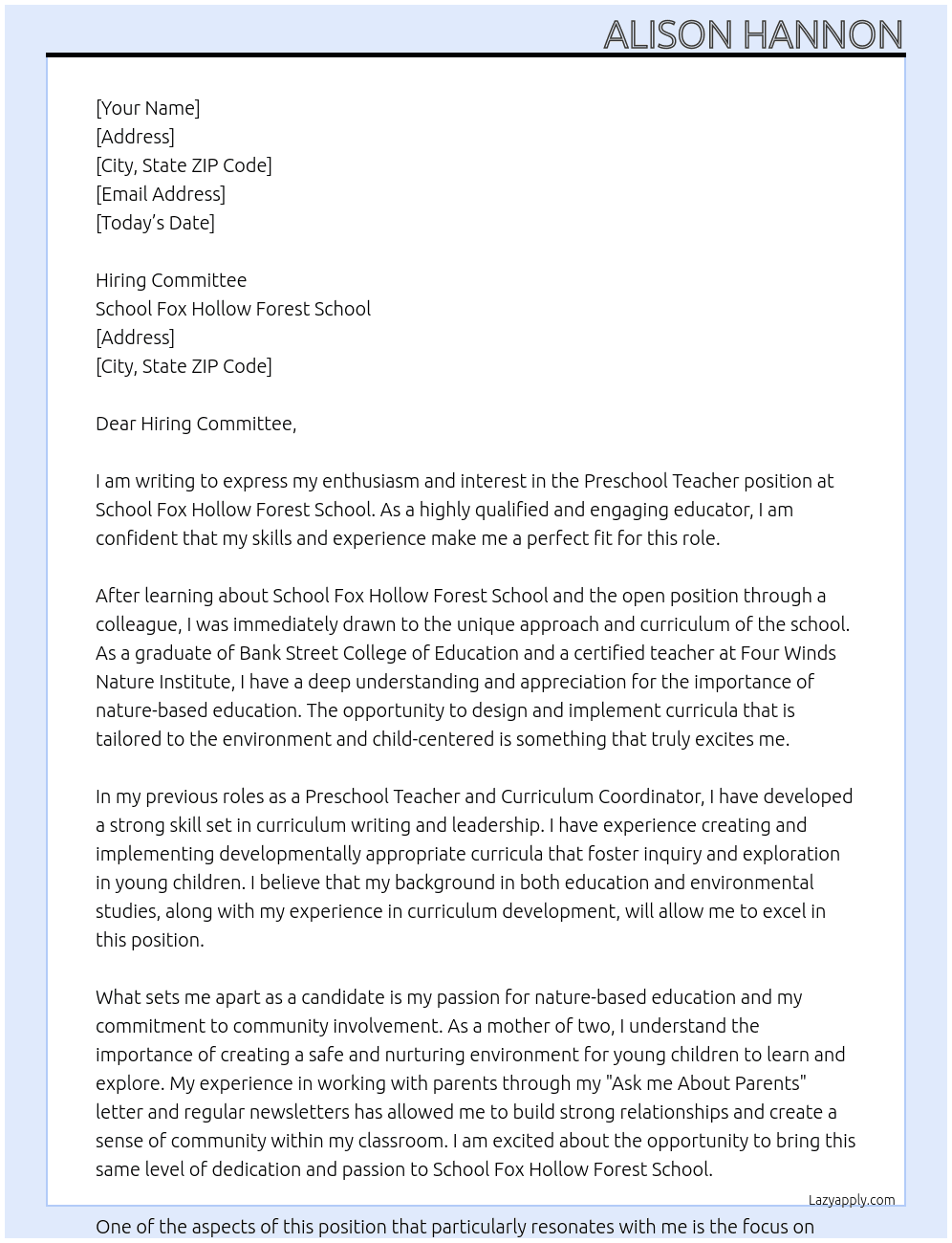 Preschool Teacher - Forest School At School Fox Hollow Forest School Cover Letter