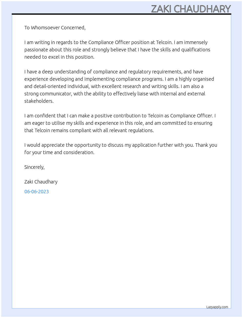 Compliance Officer At Telcoin Cover Letter