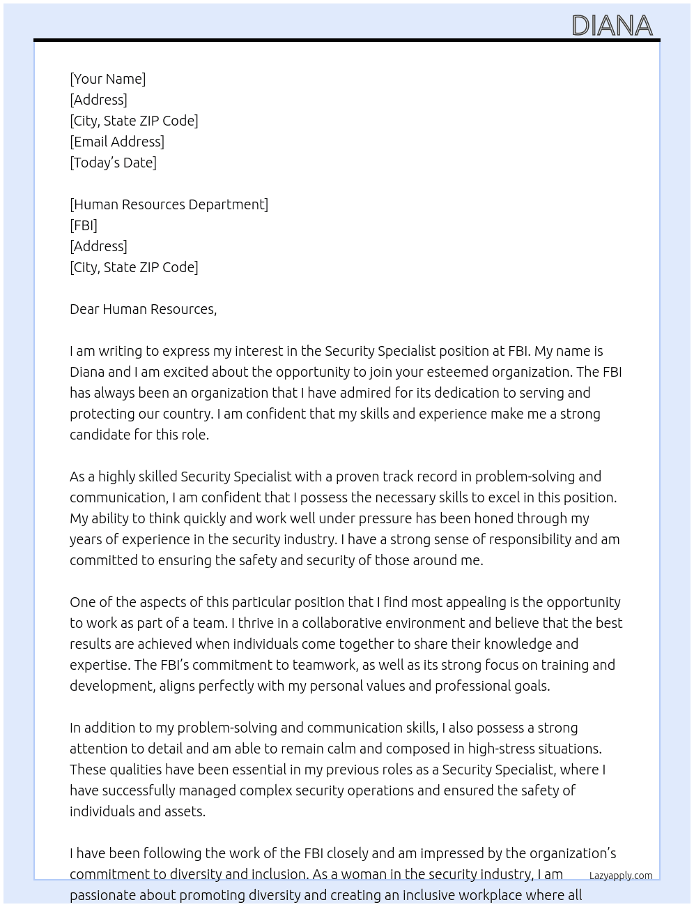 Security Specialist At FBI Cover Letter