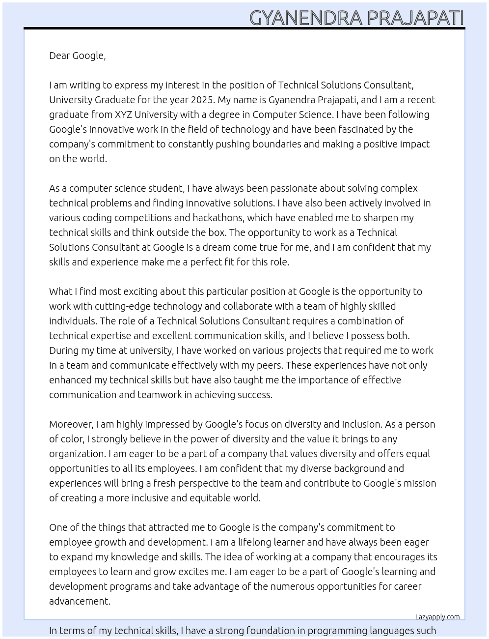 Cover letter for technical solutions consultant, university graduate, 2025 - LazyApply