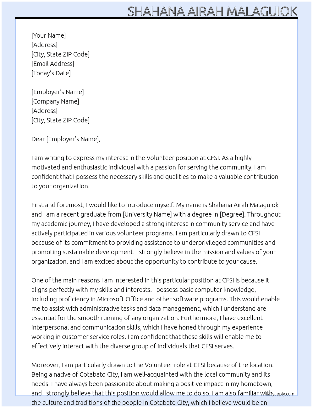 Volunteer At CFSI Cover Letter