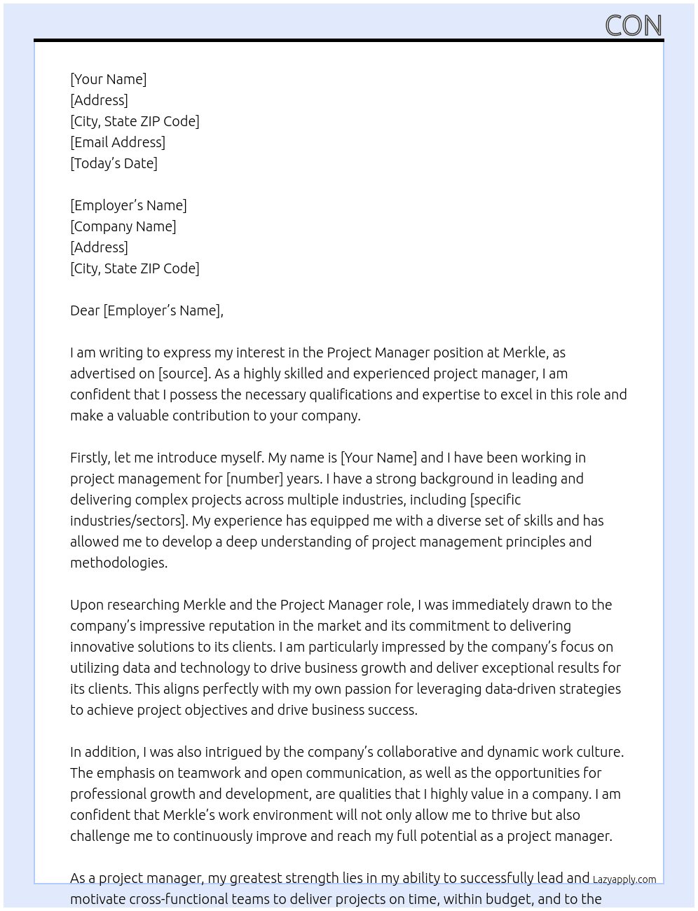 Project Manager  At Merkle Cover Letter