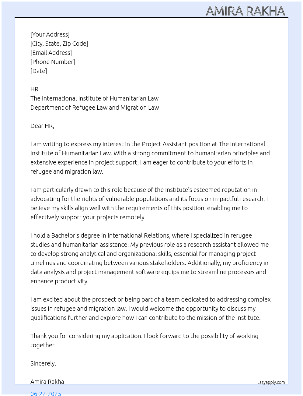 Cover letter for project assistant - remotely - LazyApply