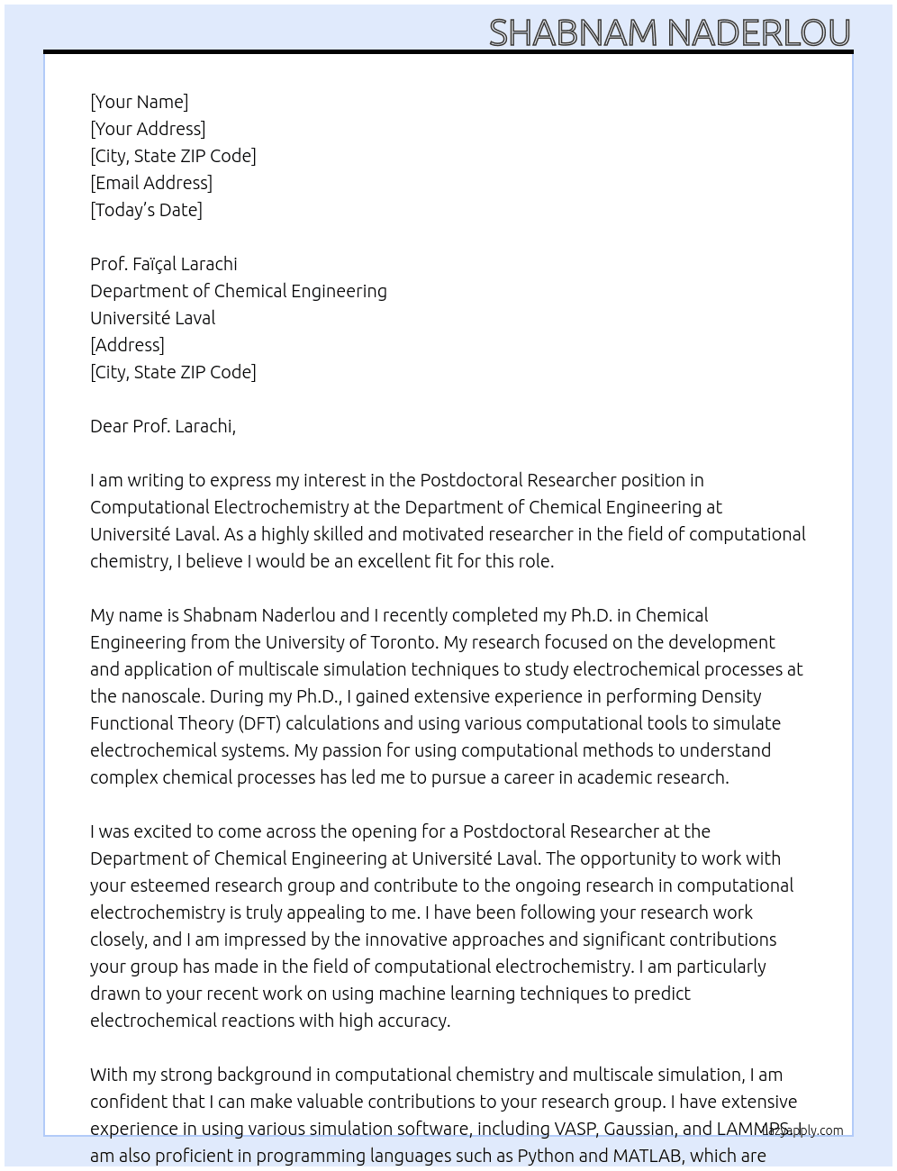 Postdoctoral Researcher in Computational Electrochemistry At Department of Chemical Engineering at Université Laval  Cover Letter