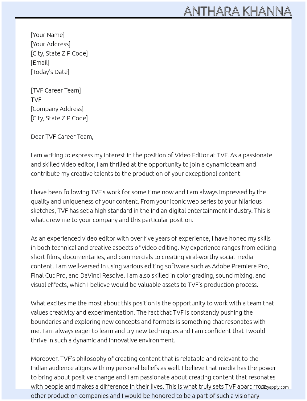 Video Editor At TVF Cover Letter