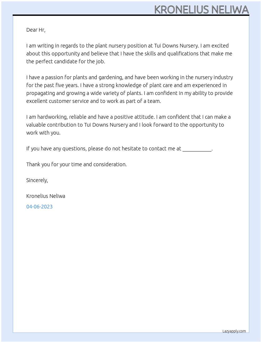 plant  nursery At Tui Downs Nursery Cover Letter