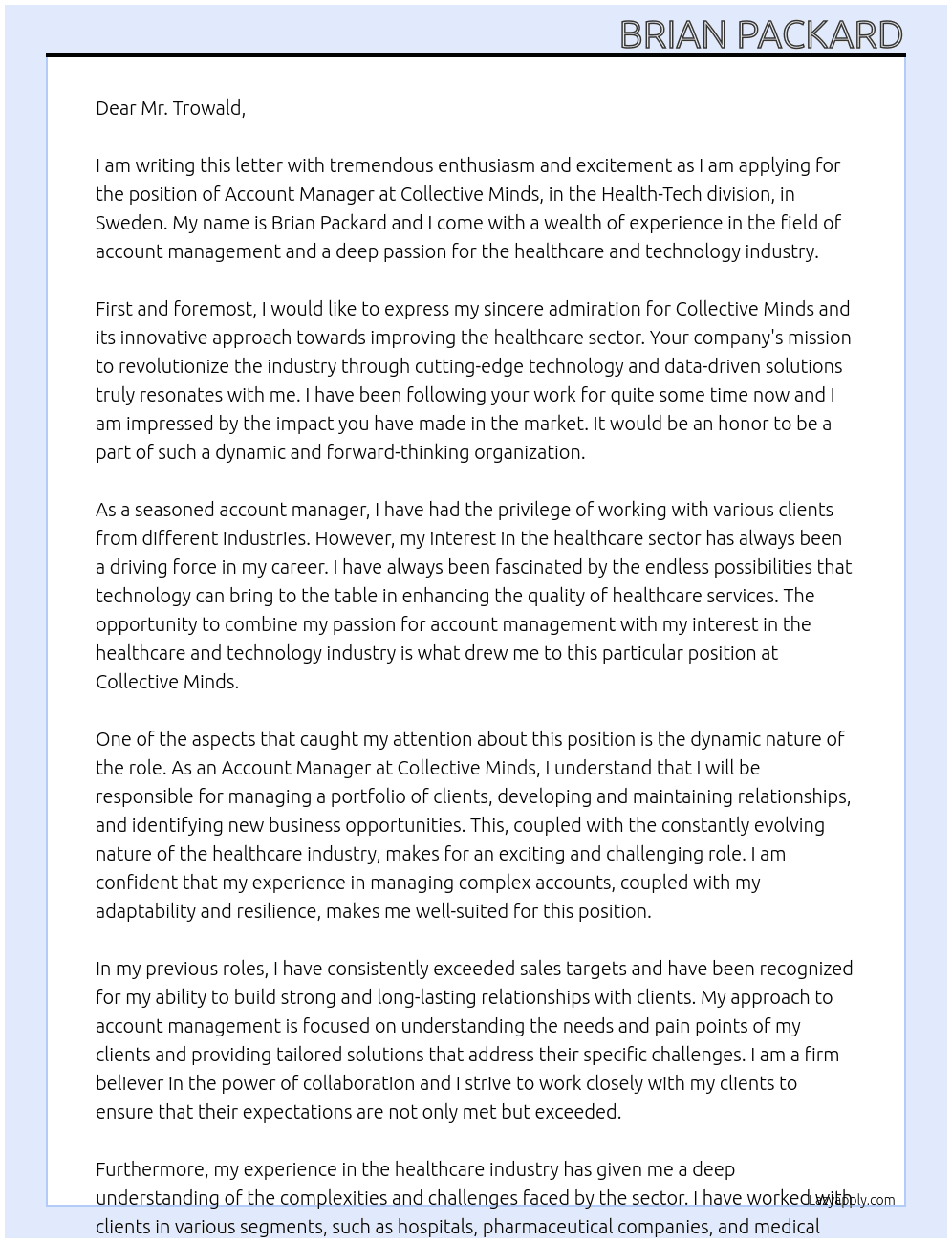 Account Manager Health-Tech Sweden At Collective Minds Cover Letter