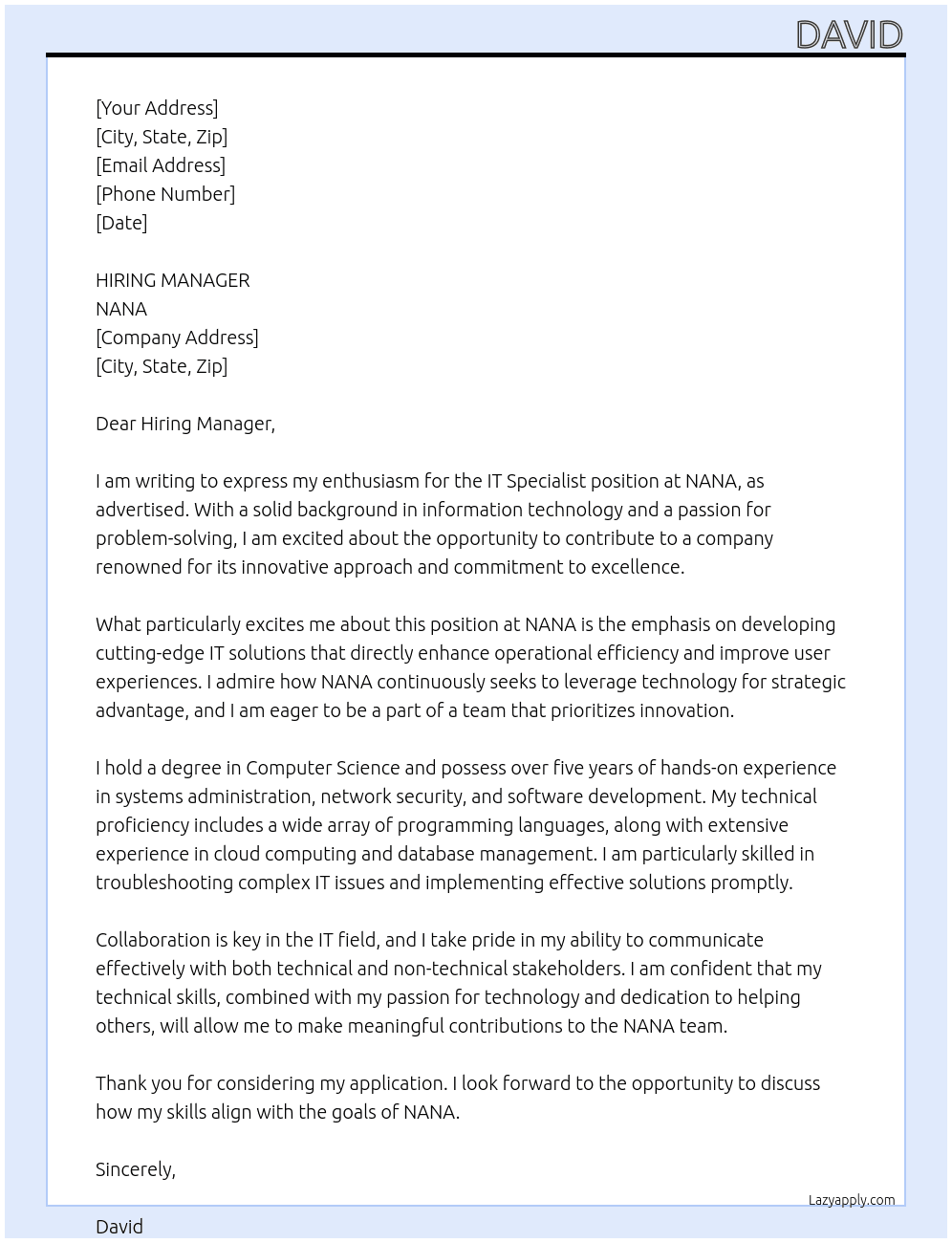 IT SPECIALIST At NANA Cover Letter