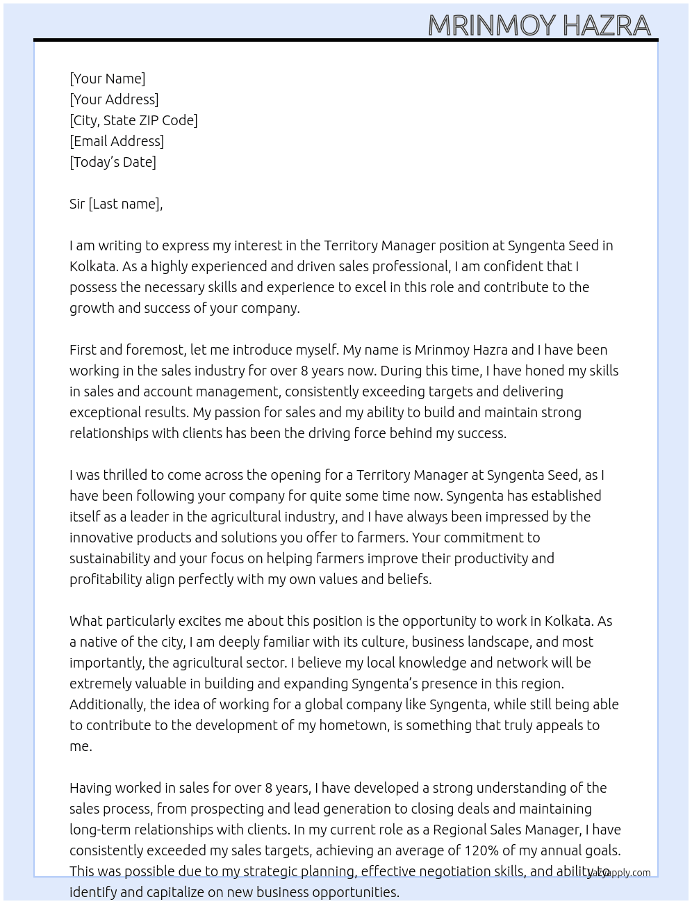Territory manager At Syngenta seed Cover Letter