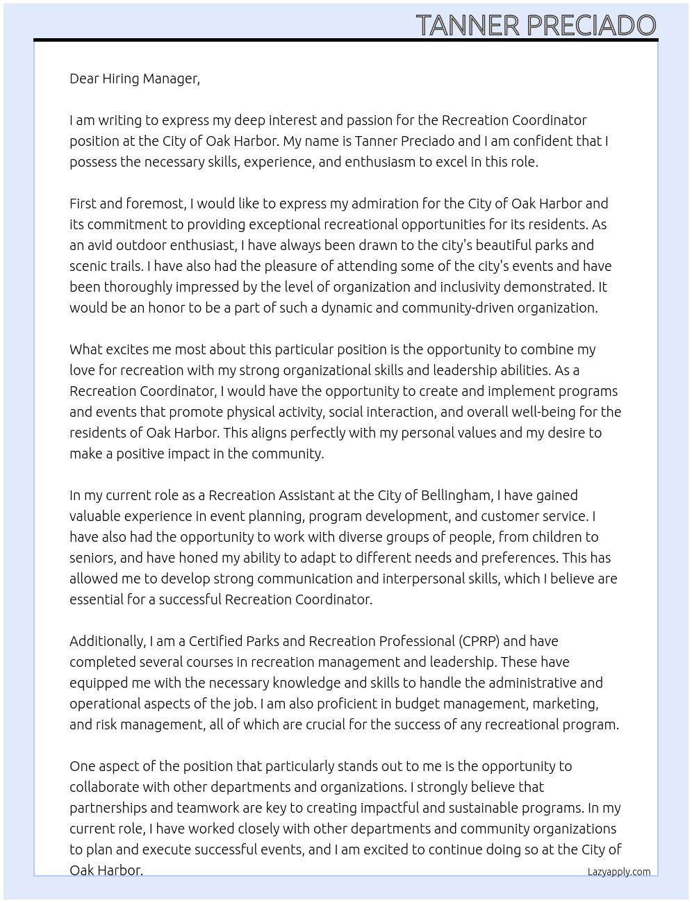 Recreation Coordinator At City of Oak Harbor Cover Letter