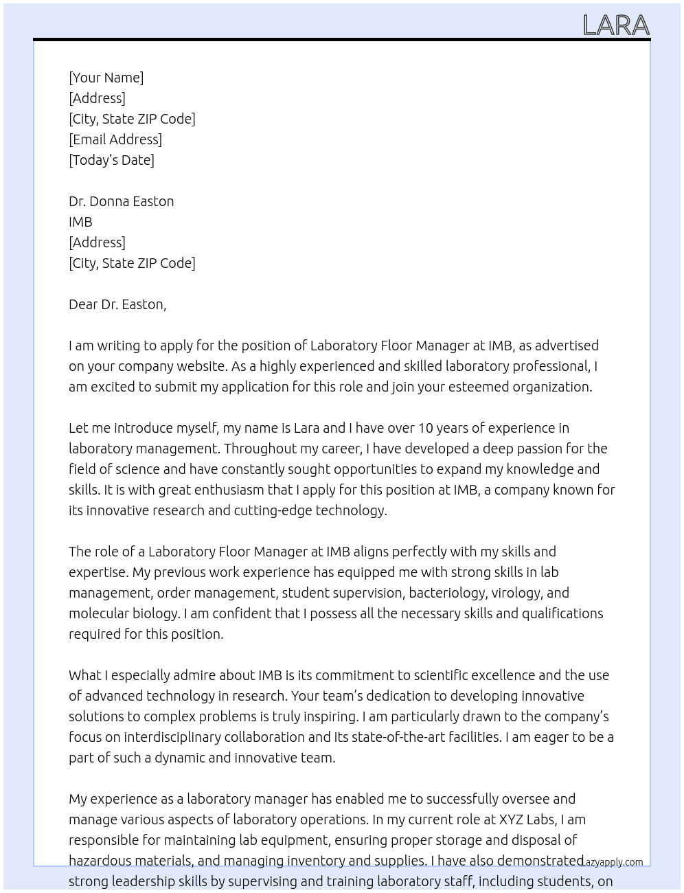 Laboratory Floor Manager At IMB Cover Letter
