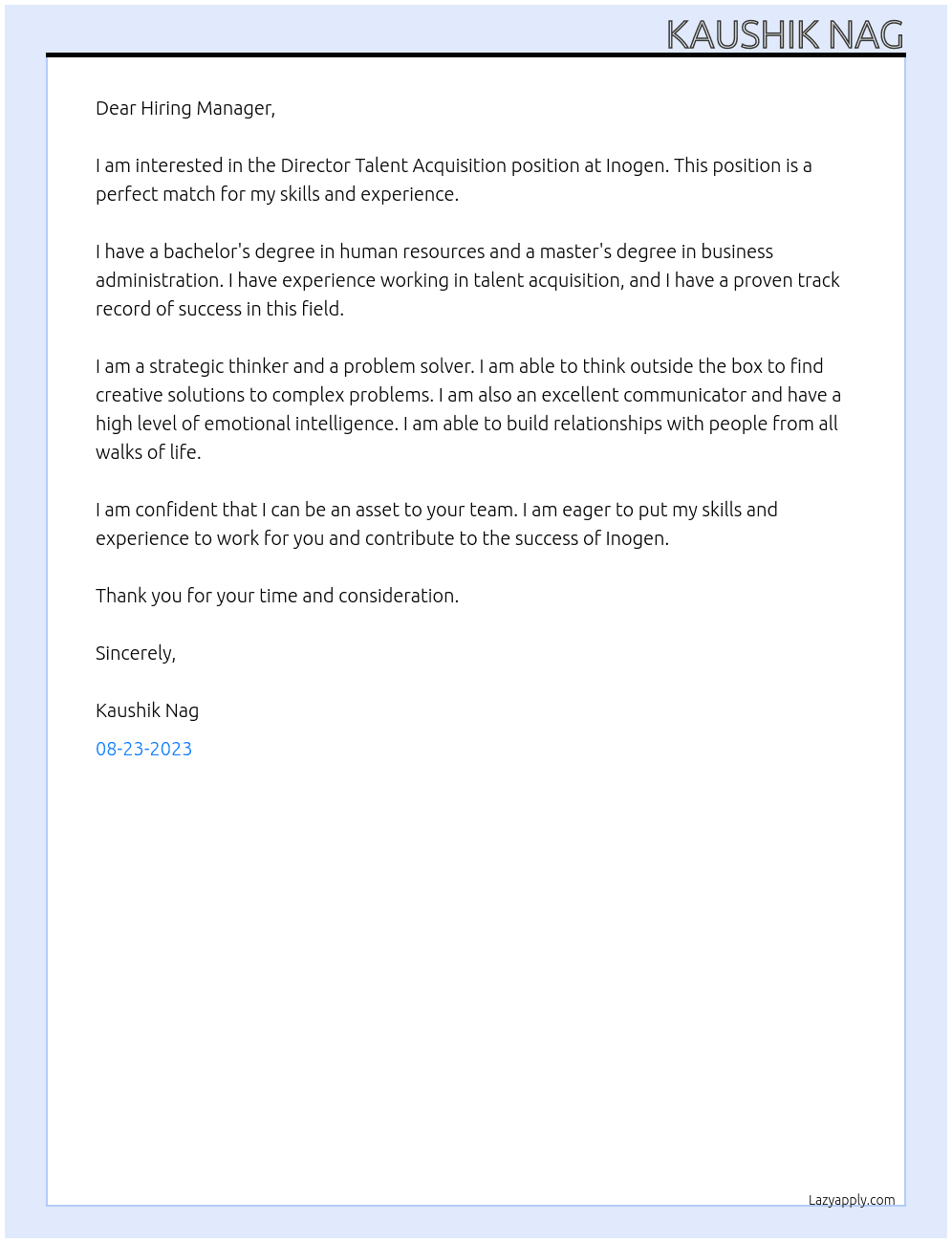 Director Talent Acquisition At Inogen Cover Letter