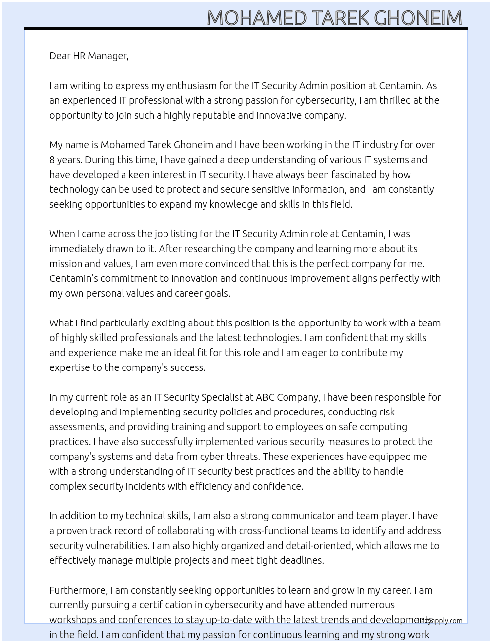 IT Security Admin At Centamin Cover Letter