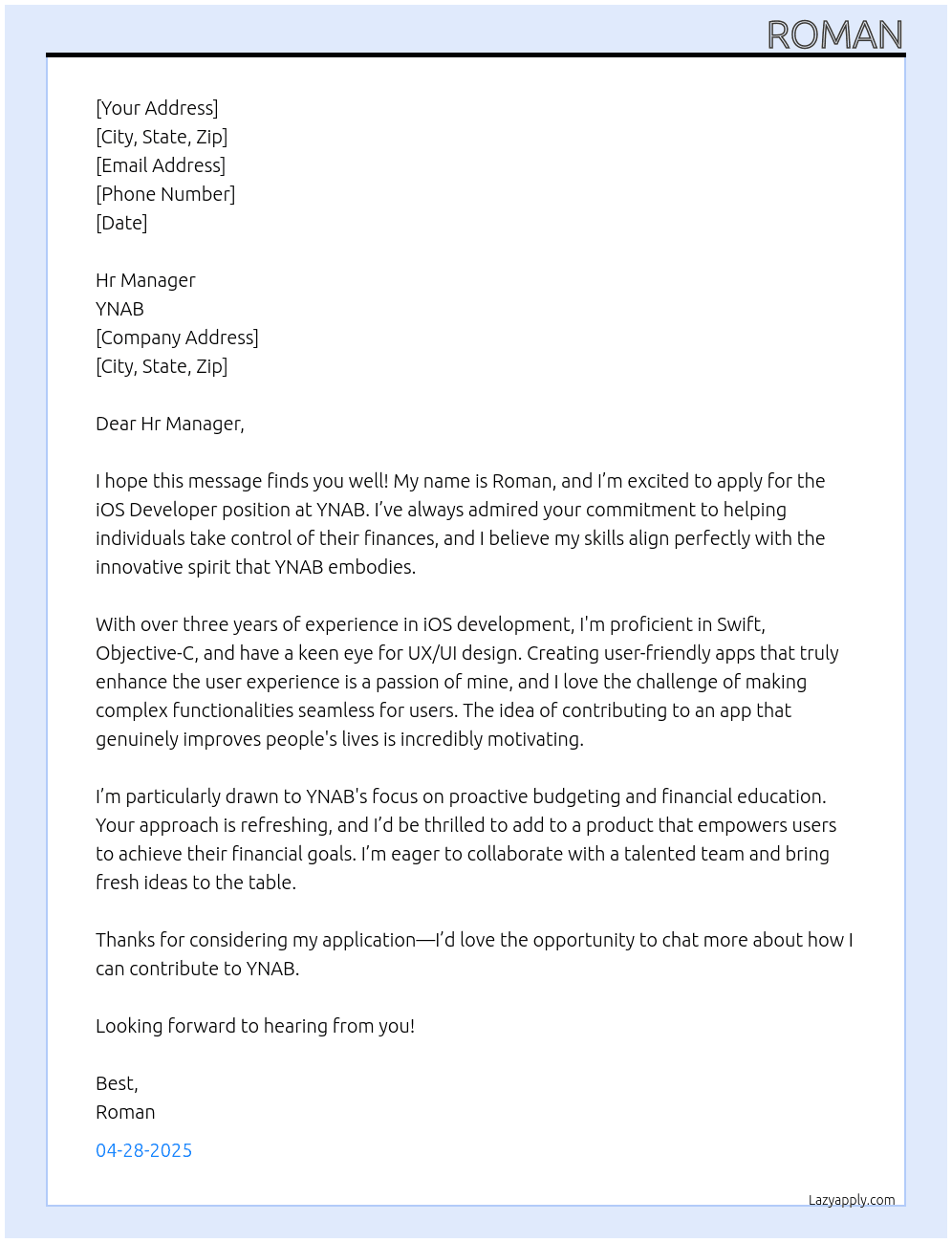 iOS Developer At YNAB Cover Letter