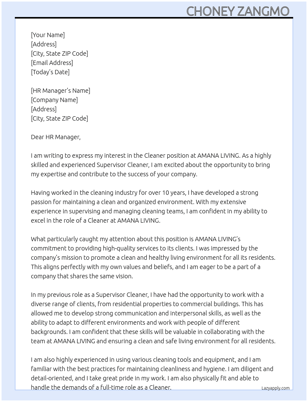 Cleaner  At AMANA LIVING Cover Letter