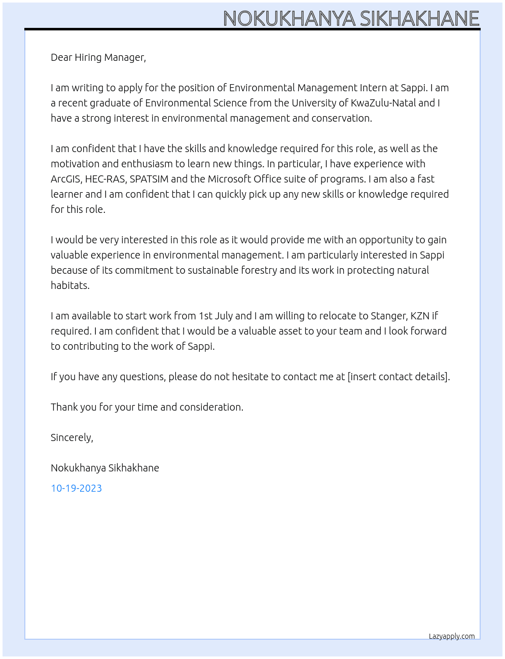 Environmental management intern At Sappi Cover Letter