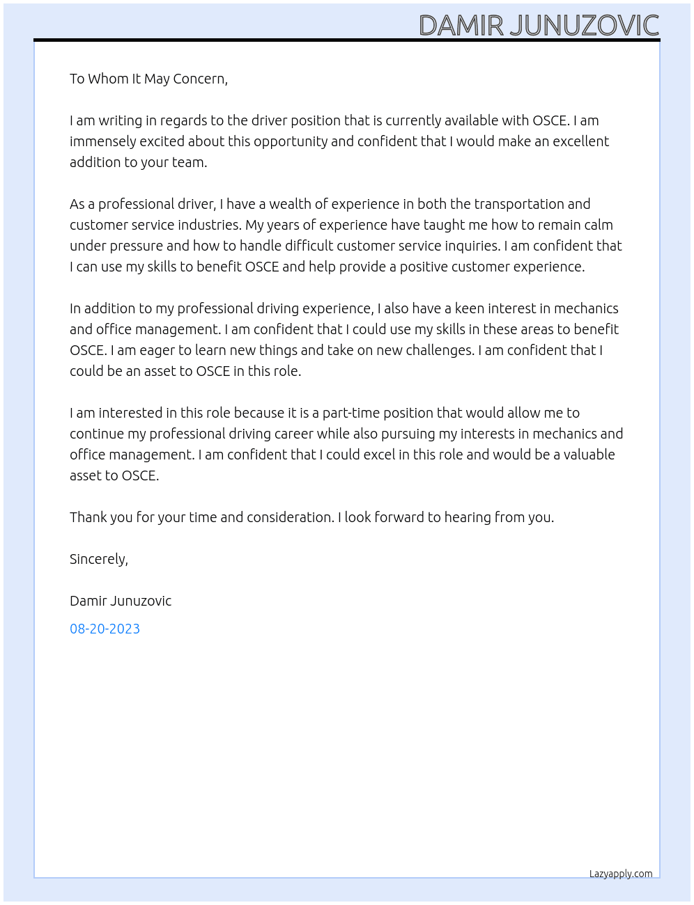 Driver At OSCE Cover Letter